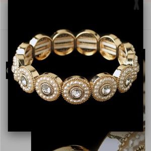 Gold Ivory Pearl & Clear Rhinestone Stretch Bridal Wedding Bracelet Beautiful